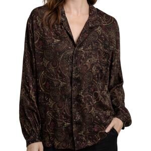 Winter Silks Paisley Button Down Pajama Top Pocket Oversized Lounge Purple XXL